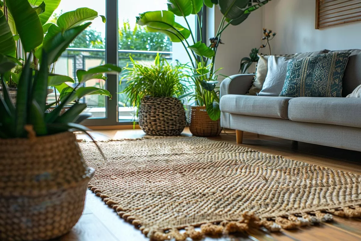 Ecofriendly decor with recycled materials and organic textiles in a modern city apartment.