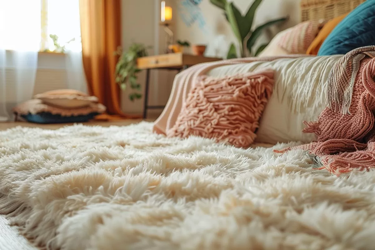 Cozy bedroom ambiance with soft, fluffy rug and colorful cushions.
