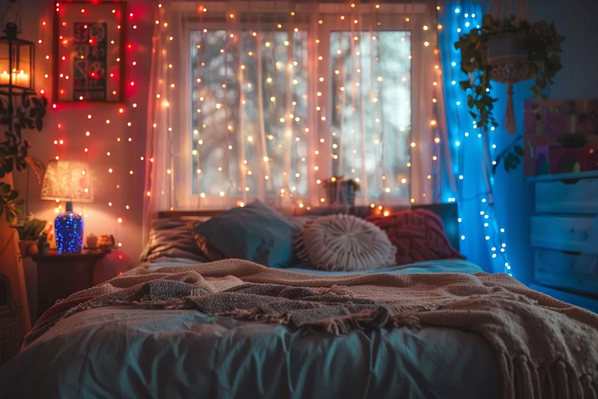 Fun and colorful fairy lights hanging above a bed in a bedroom.