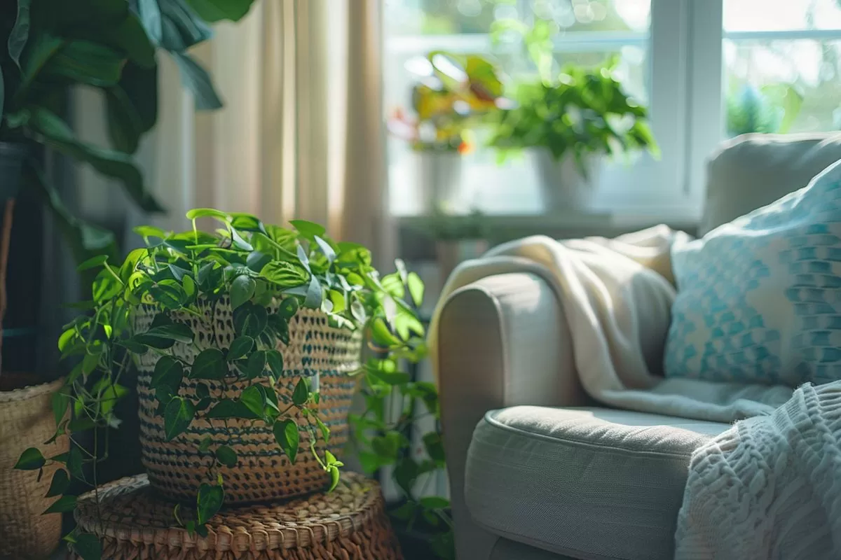 A cozy living room with green plants adding a touch of nature.