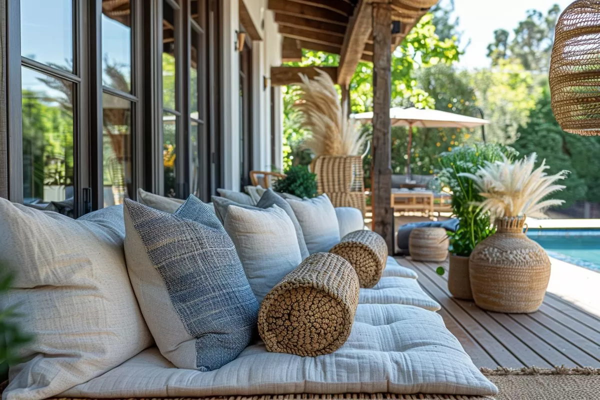 Outdoor accessories like throw pillows and art pieces enhance the ambiance.