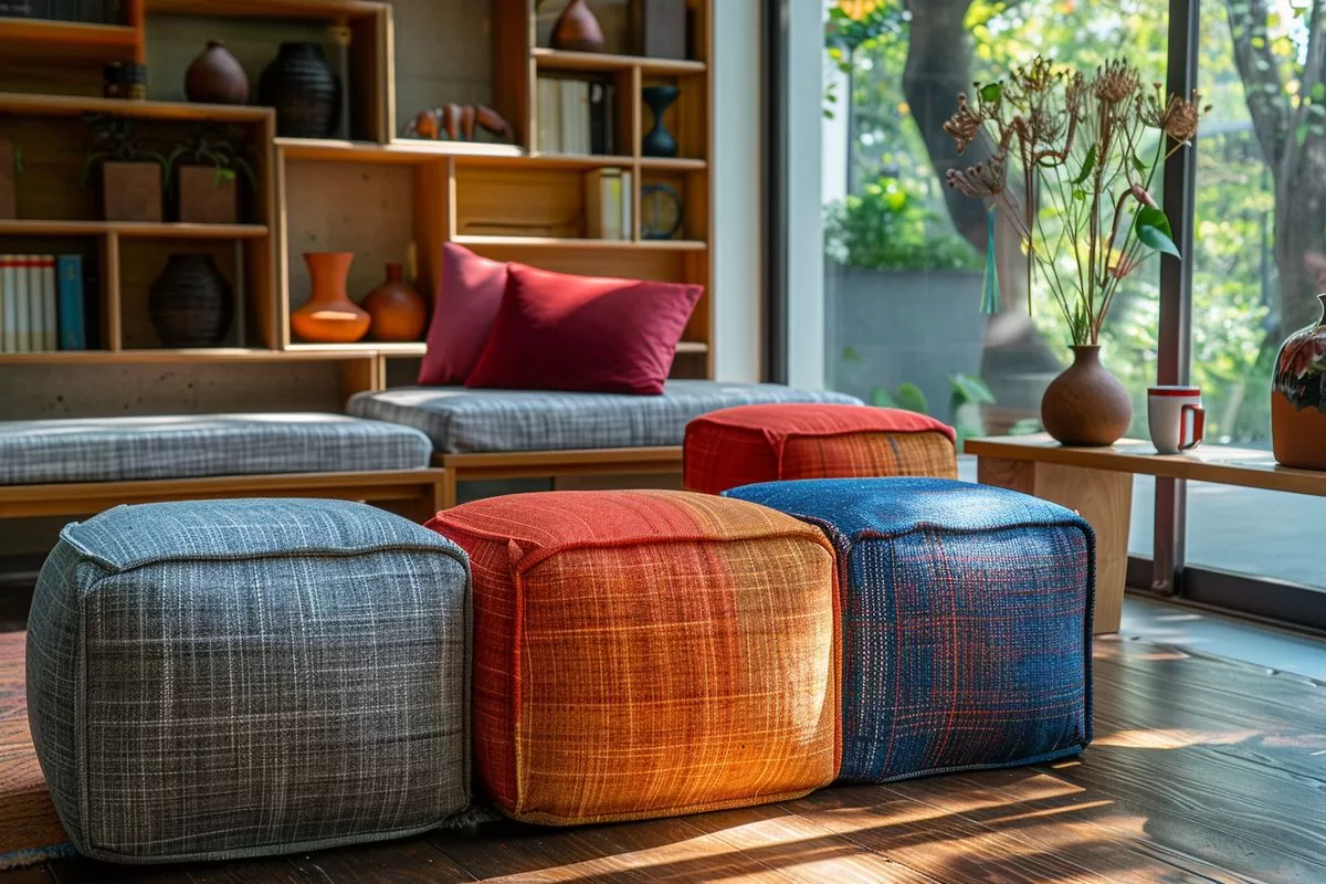 Colorful pouf and uniqueshaped shelf adding a playful touch to decor.
