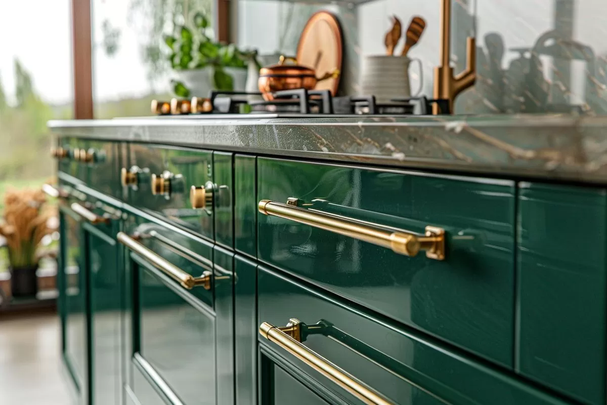 Closeup of the Dolce kitchen with jadecolored melamine panels.