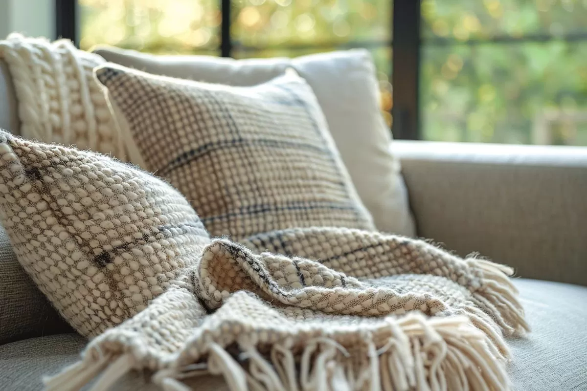 Plush cushions and wool throw blankets creating a relaxing environment.