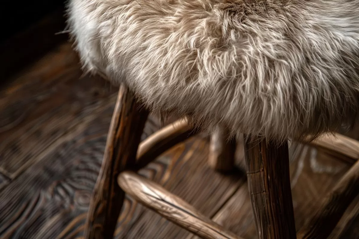 Closeup of the Visiona Stool with luxurious faux fur texture.