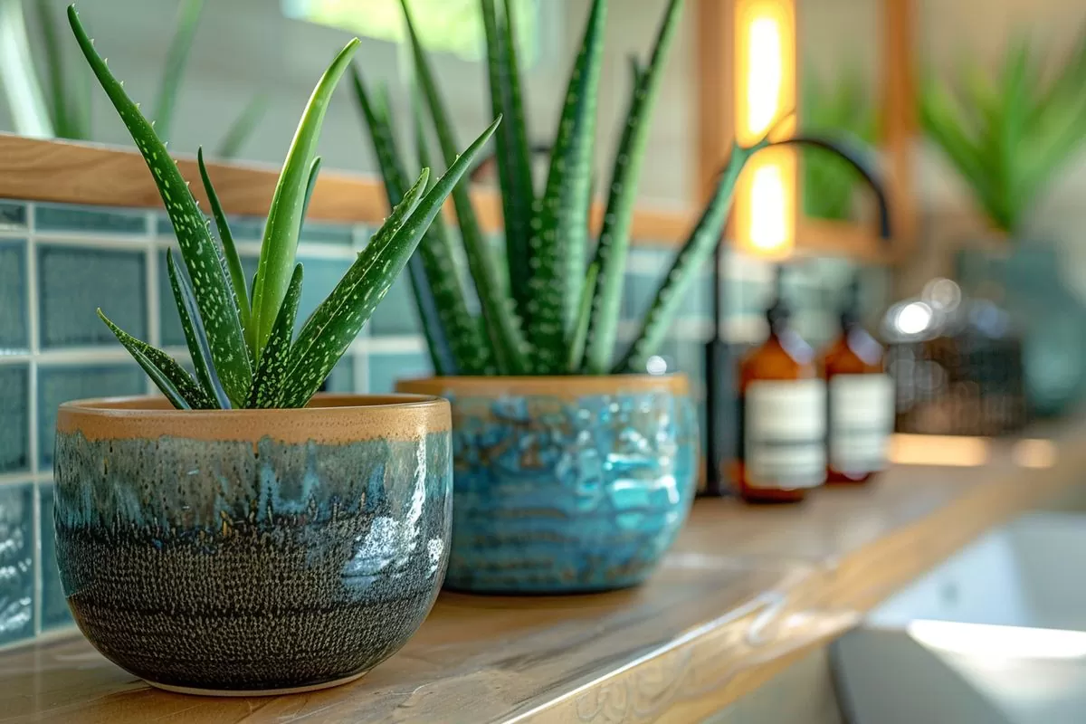 Bamboo and aloe plants creating a refreshing atmosphere in a Los Angeles bathroom.
