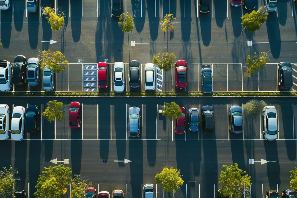Aerial shot of a city parking lot with newly installed solar shades.